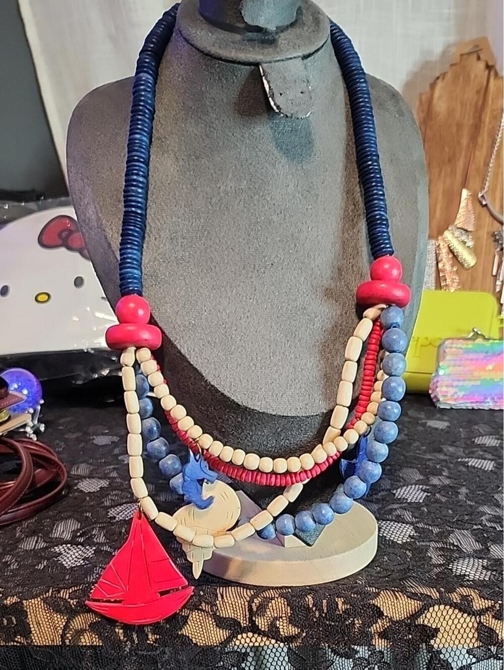 Navy Blue and Red Layered Beaded Necklace